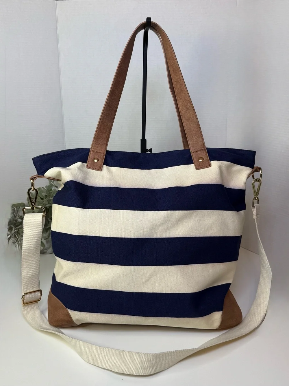 Merona Nautical Navy & Cream Striped Canvas Tote Beach Bag with Crossbody Strap